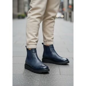 Dune London Navy‎ Blue Leather Brogue Chelsea Boots Chunky Platform Wingtip 36